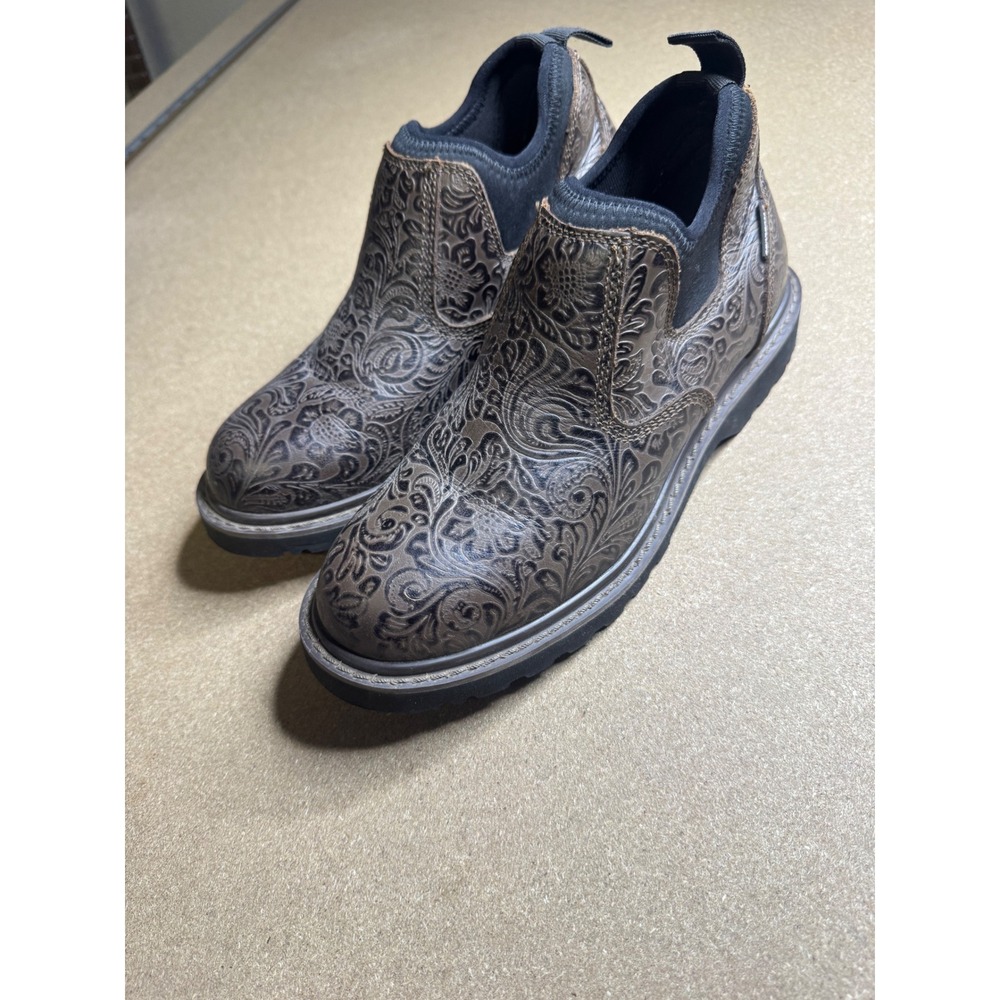 Carhartt Womens CWS4177 Brown Floral Embossed Leather Slip On Work Shoes Size 8